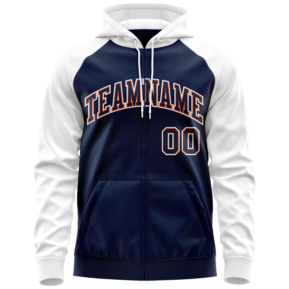 Custom Stitched Navy Orange-White Raglan Sleeves Sports Full-Zip Sweatshirt Hoodie| KXKSHOP