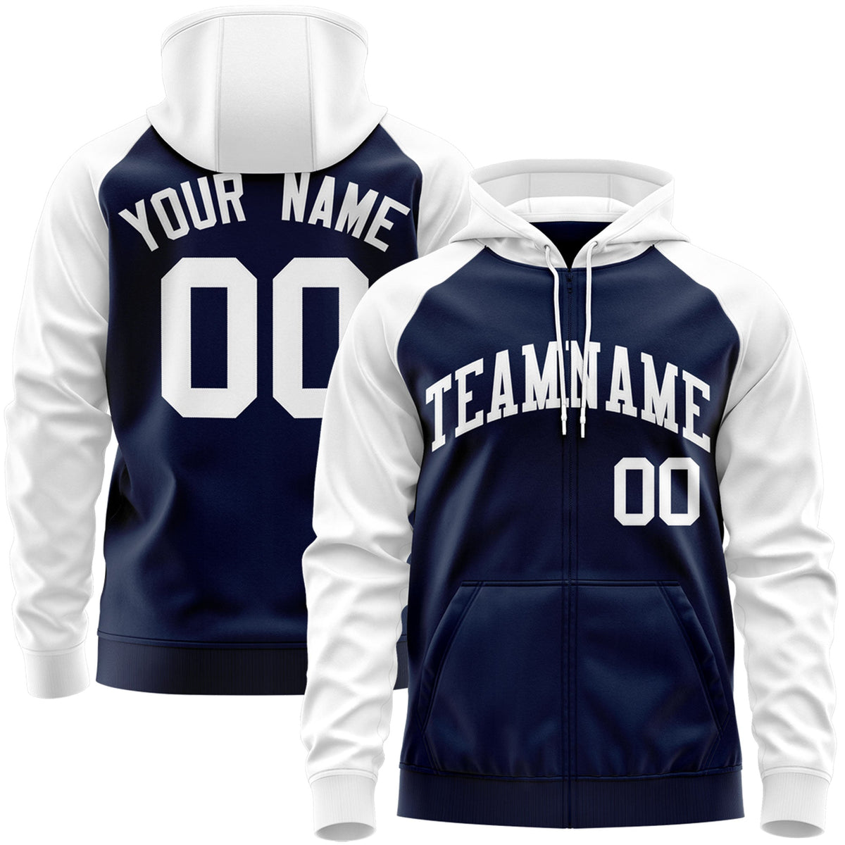 Custom Stitched Navy White Raglan Sleeves Sports Full-Zip Sweatshirt Hoodie| KXKSHOP