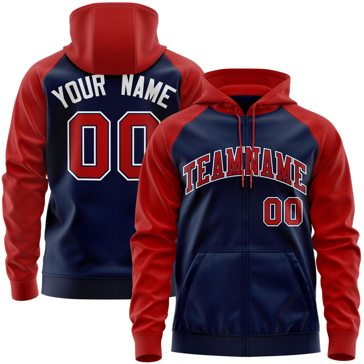 Custom Stitched Navy Red-White Raglan Sleeves Sports Full-Zip Sweatshirt Hoodie| KXKSHOP