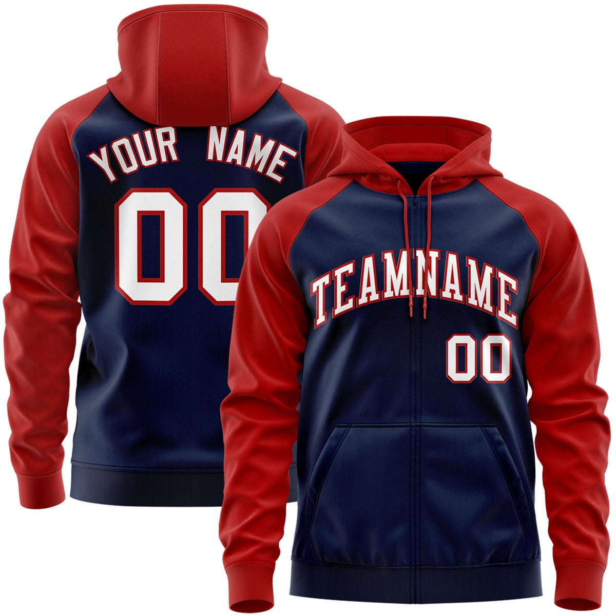Custom Stitched Navy White-Red Raglan Sleeves Sports Full-Zip Sweatshirt Hoodie| KXKSHOP