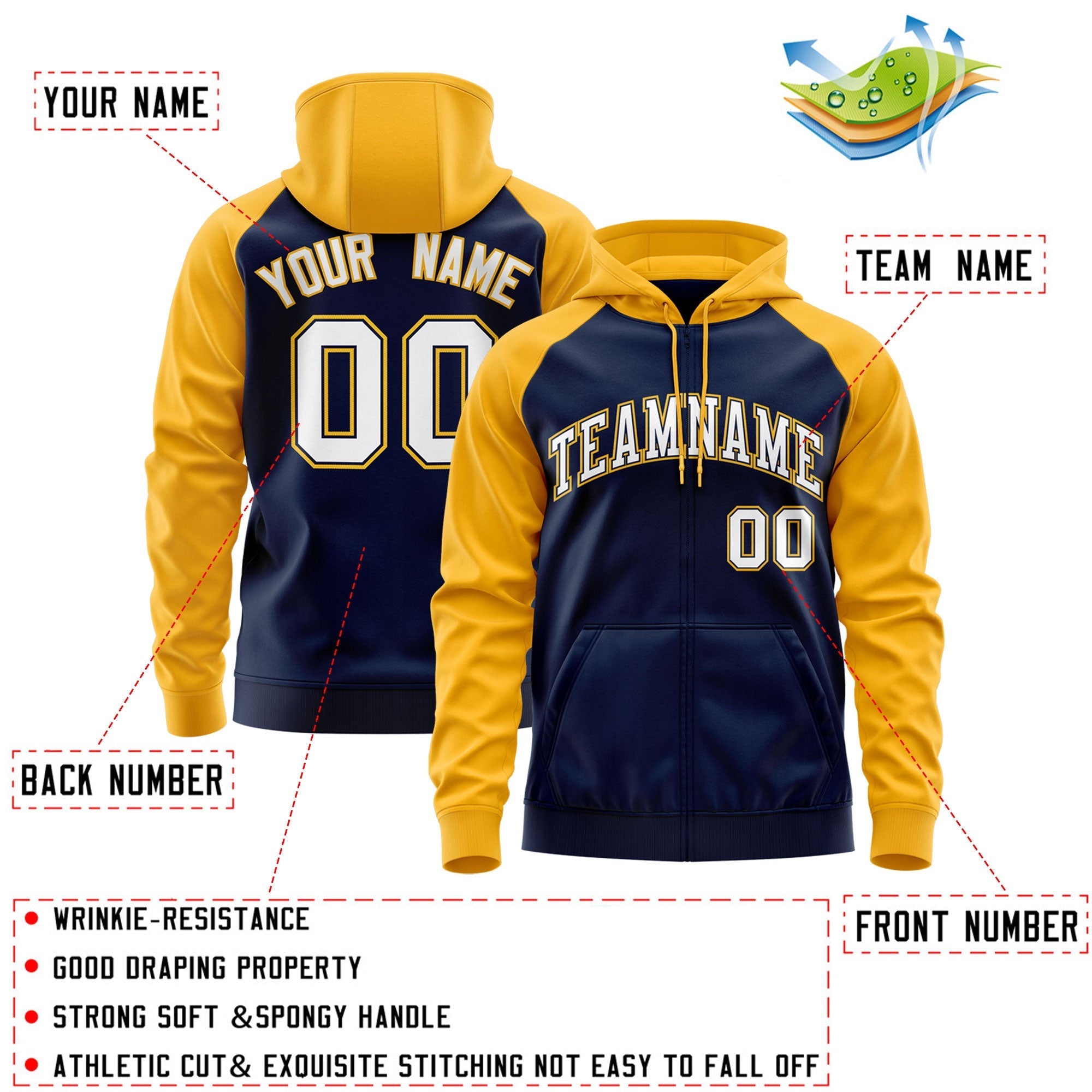 Custom Stitched Navy White-Gold Raglan Sleeves Sports Full-Zip Sweatshirt Hoodie| KXKSHOP