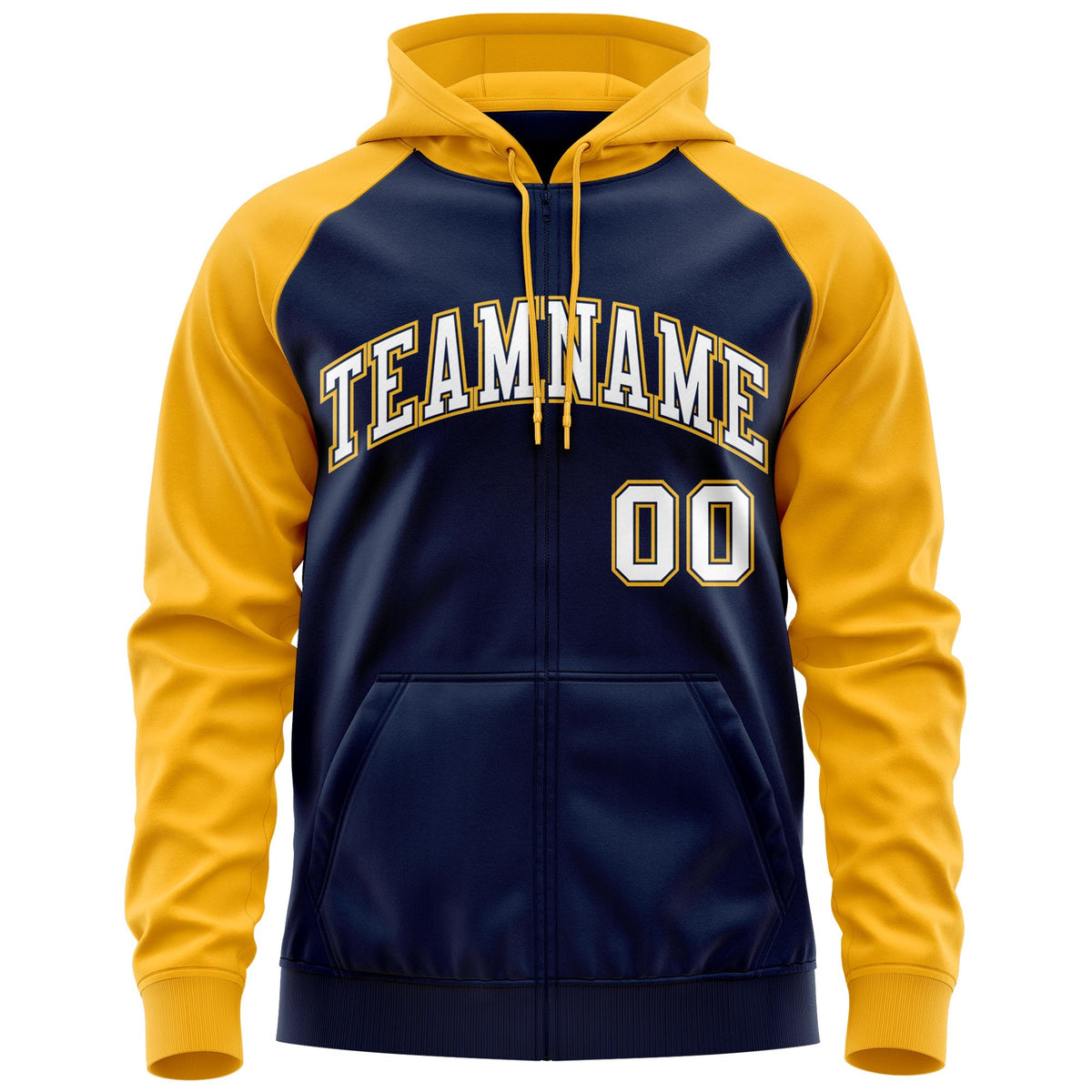 Custom Stitched Navy White-Gold Raglan Sleeves Sports Full-Zip Sweatshirt Hoodie| KXKSHOP