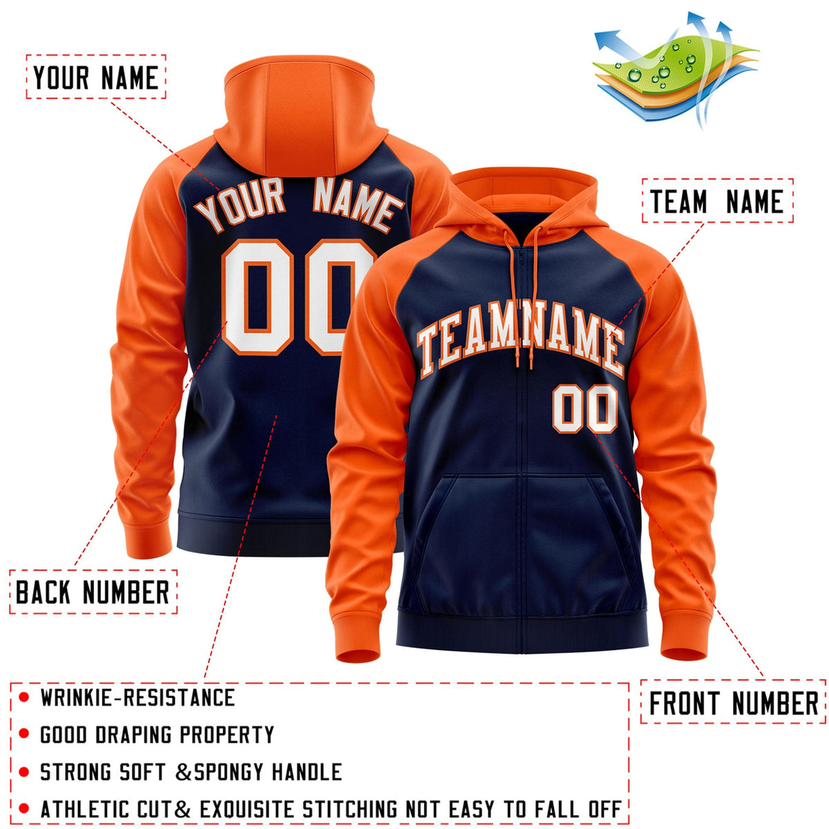 Custom Stitched Navy White-Orange Raglan Sleeves Sports Full-Zip Sweatshirt Hoodie| KXKSHOP