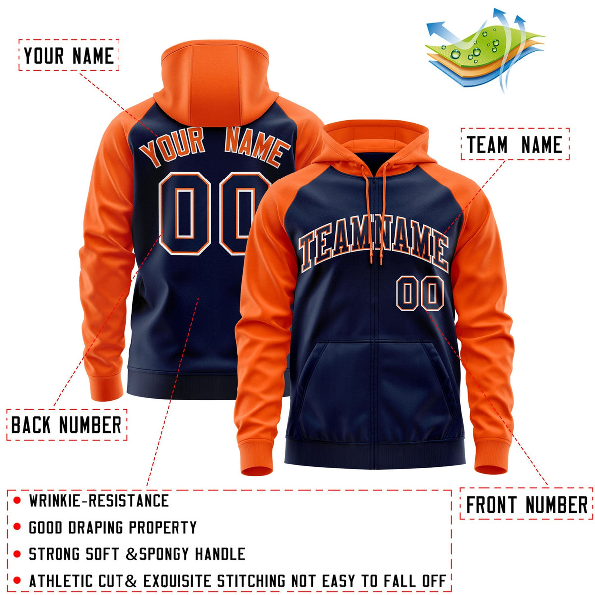 Custom Stitched Navy Orange-White Raglan Sleeves Sports Full-Zip Sweatshirt Hoodie| KXKSHOP