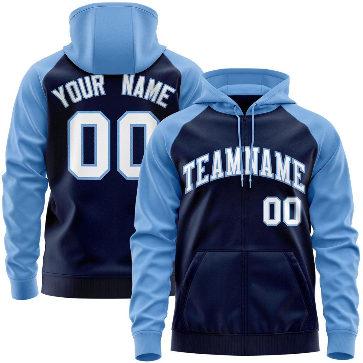 Custom Stitched Navy White-Powder Blue Raglan Sleeves Sports Full-Zip Sweatshirt Hoodie| KXKSHOP