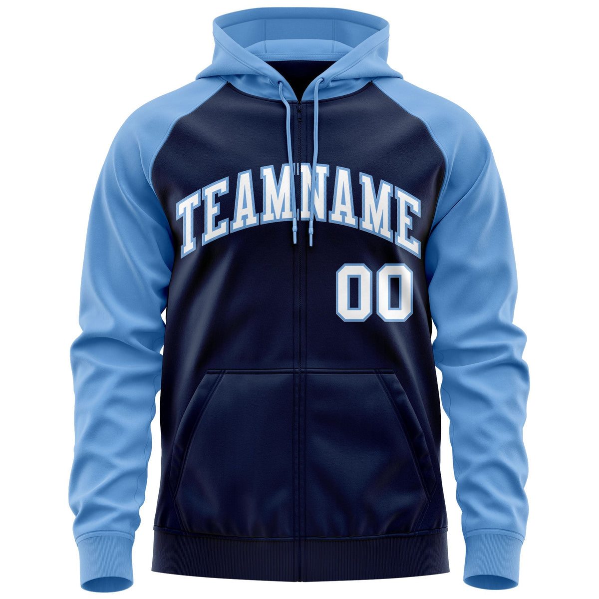 Custom Stitched Navy White-Powder Blue Raglan Sleeves Sports Full-Zip Sweatshirt Hoodie| KXKSHOP