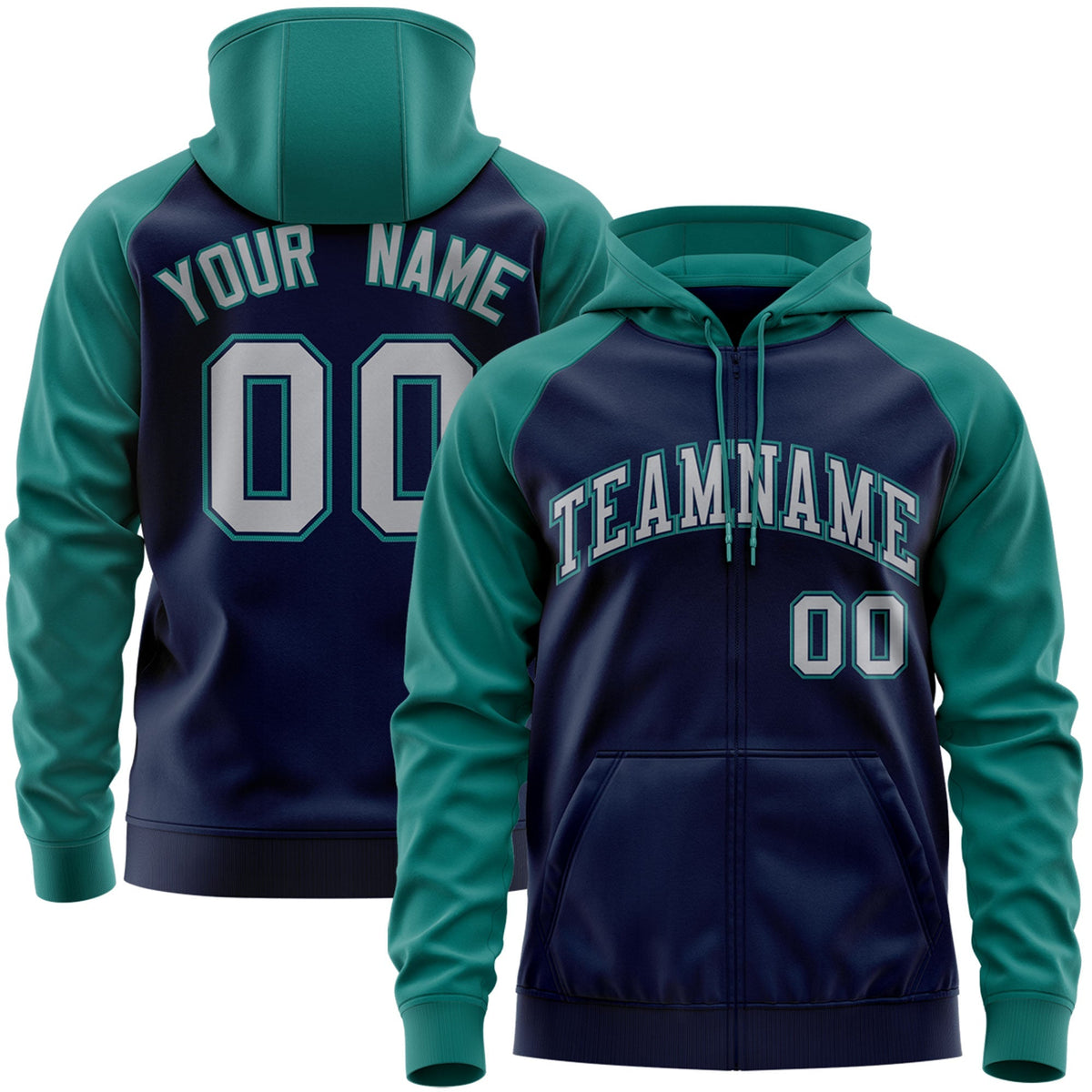 Custom Stitched Navy Gray-Aqua Raglan Sleeves Sports Full-Zip Sweatshirt Hoodie| KXKSHOP