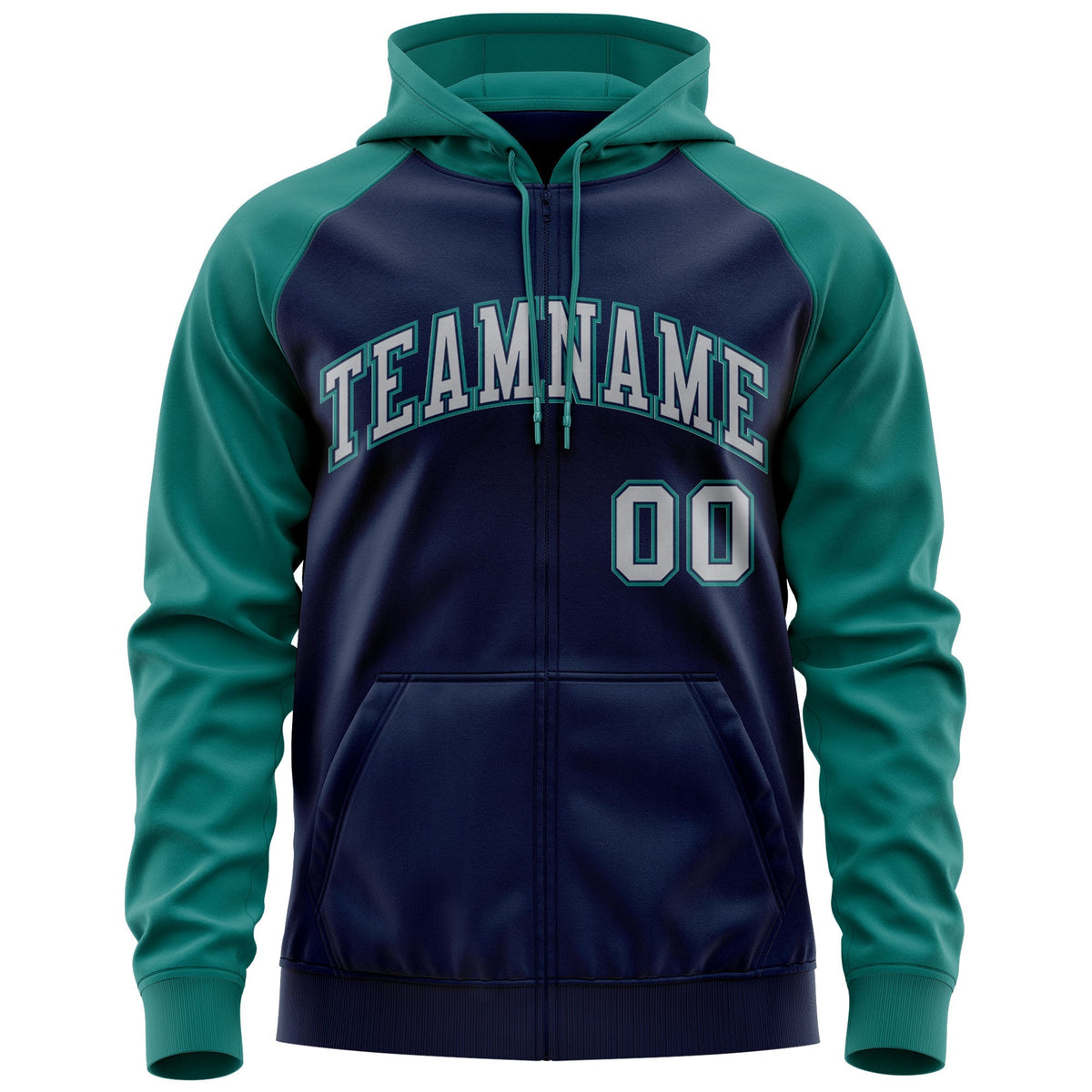 Custom Stitched Navy Gray-Aqua Raglan Sleeves Sports Full-Zip Sweatshirt Hoodie| KXKSHOP