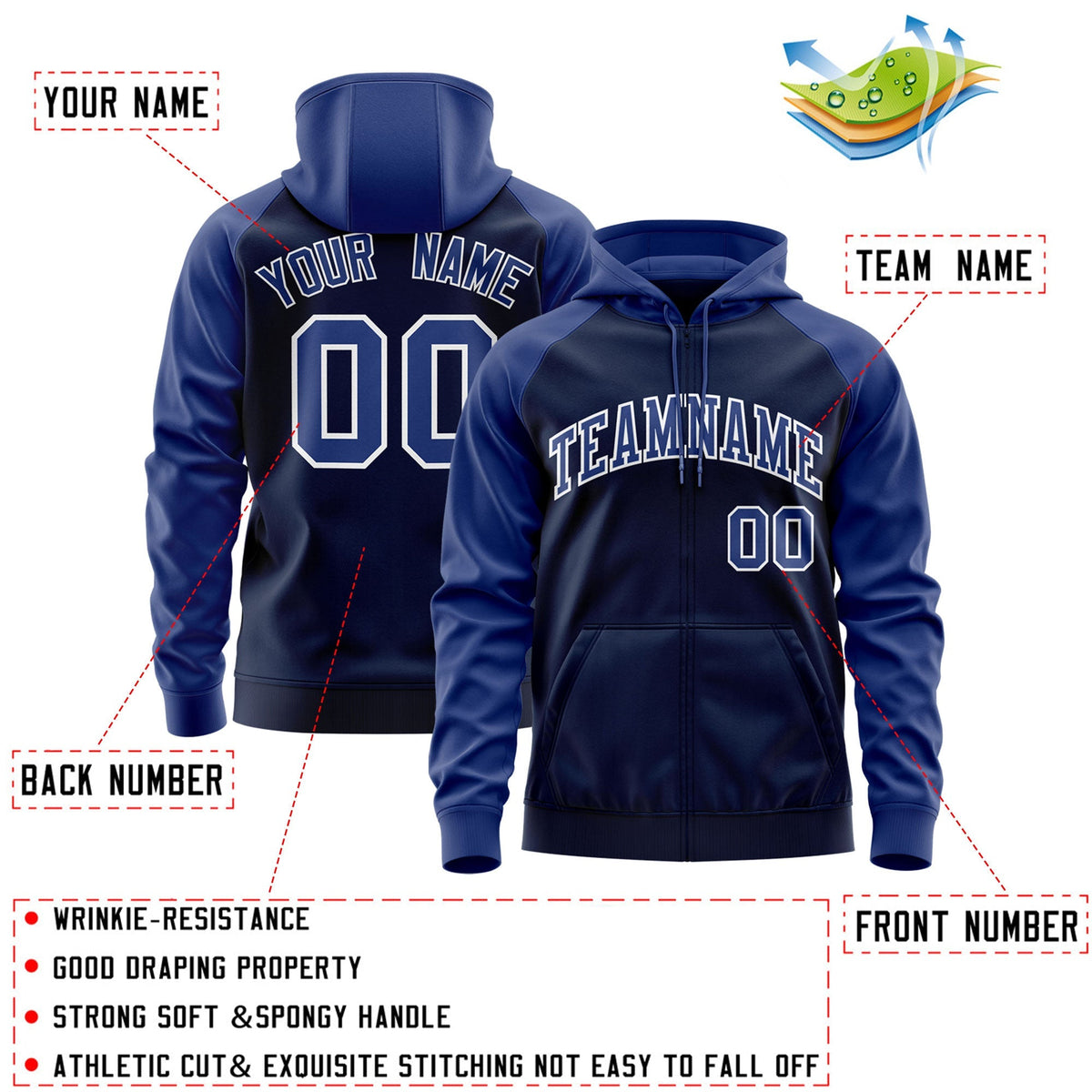Custom Stitched Navy Royal-White Raglan Sleeves Sports Full-Zip Sweatshirt Hoodie| KXKSHOP