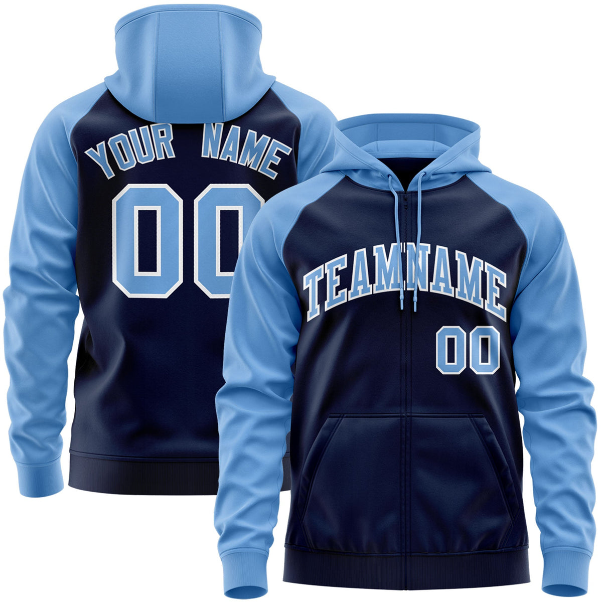 Custom Stitched Navy Powder Blue-White Raglan Sleeves Sports Full-Zip Sweatshirt Hoodie| KXKSHOP