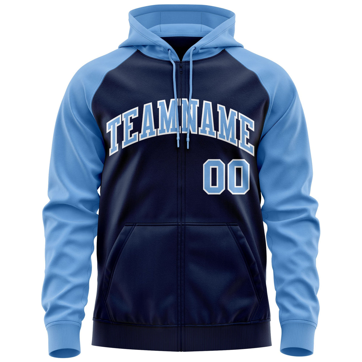 Custom Stitched Navy Powder Blue-White Raglan Sleeves Sports Full-Zip Sweatshirt Hoodie| KXKSHOP