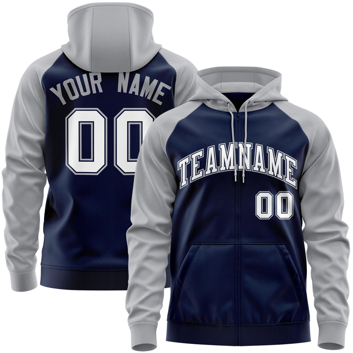 Custom Stitched Navy White-Gray Raglan Sleeves Sports Full-Zip Sweatshirt Hoodie| KXKSHOP