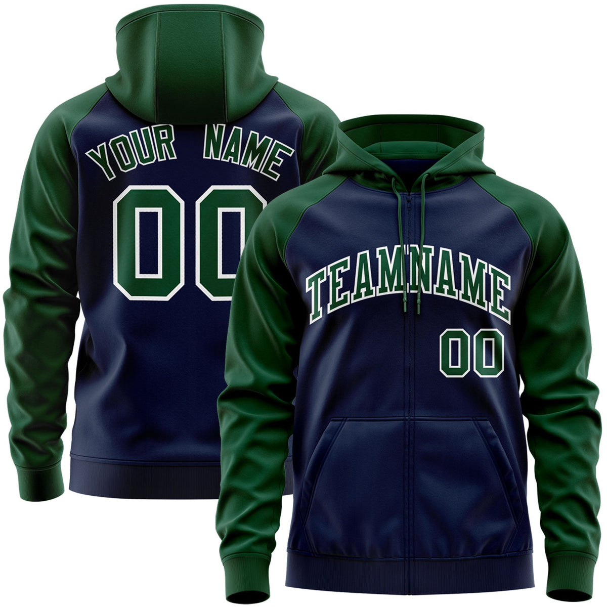 Custom Stitched Navy Green-White Raglan Sleeves Sports Full-Zip Sweatshirt Hoodie| KXKSHOP