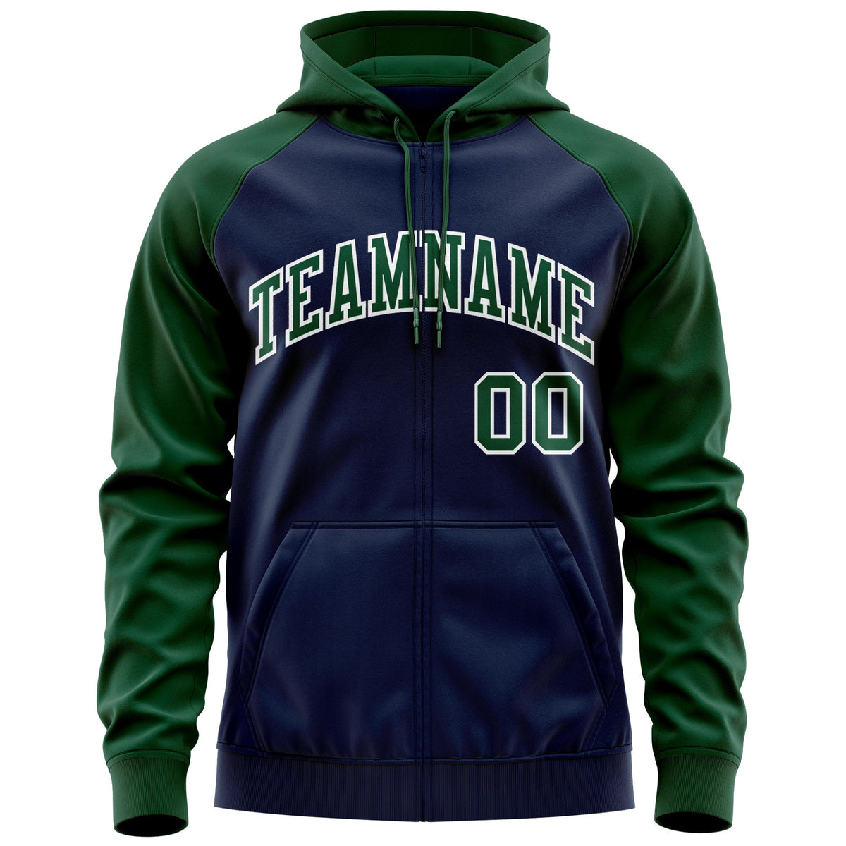 Custom Stitched Navy Green-White Raglan Sleeves Sports Full-Zip Sweatshirt Hoodie| KXKSHOP