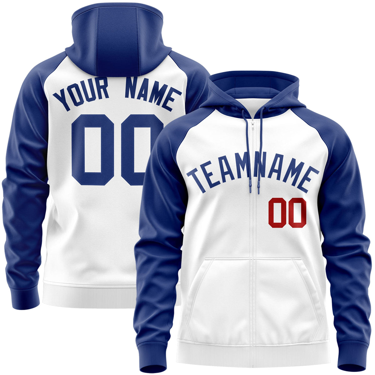 Custom Stitched White Royal Raglan Sleeves Sports Full-Zip Sweatshirt Hoodie| KXKSHOP