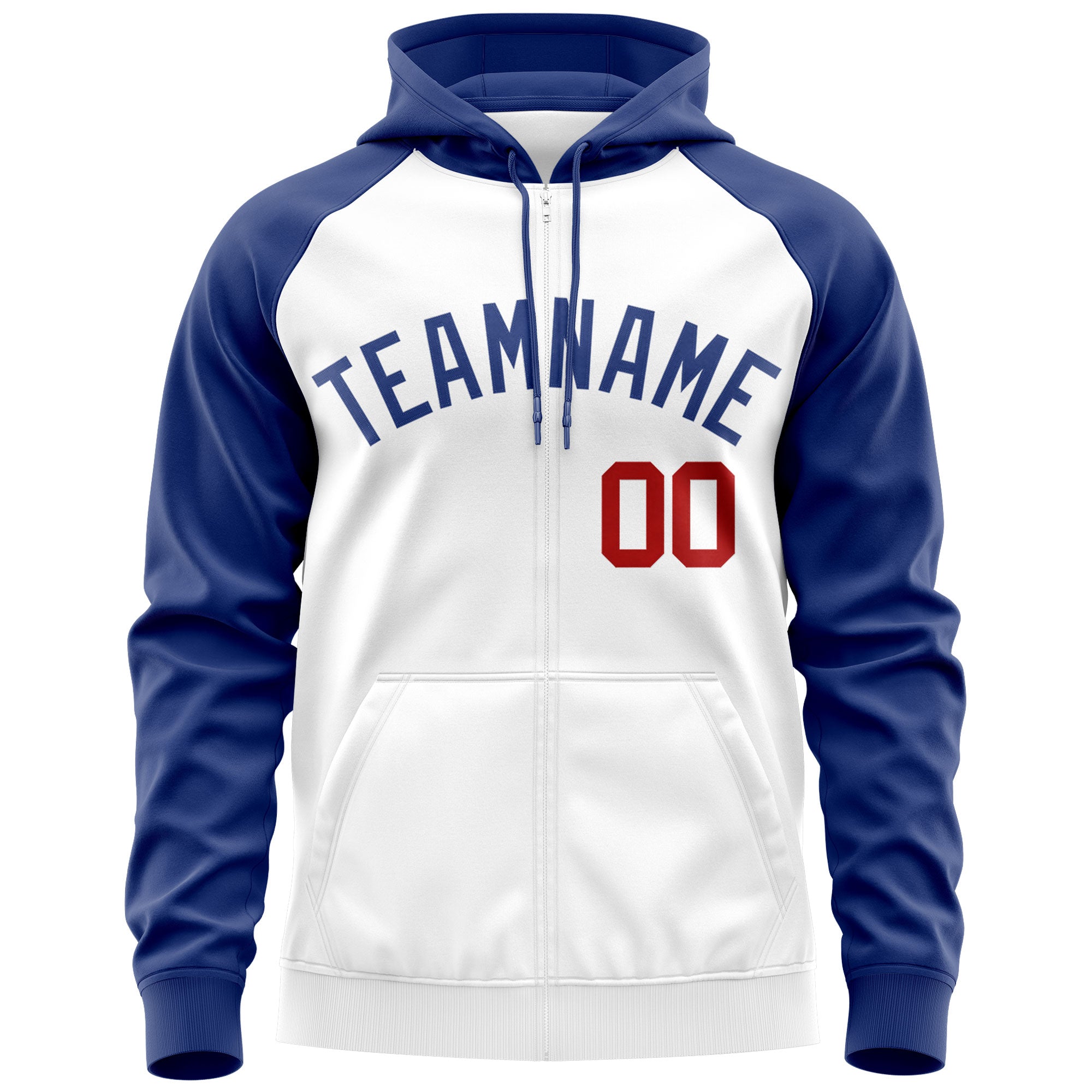 Custom Stitched White Royal Raglan Sleeves Sports Full-Zip Sweatshirt Hoodie| KXKSHOP