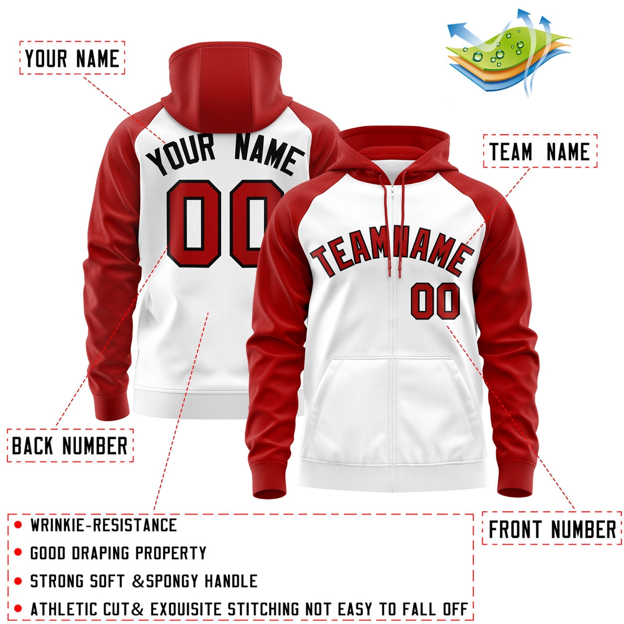 Custom Stitched White Red-Black Raglan Sleeves Sports Full-Zip Sweatshirt Hoodie| KXKSHOP