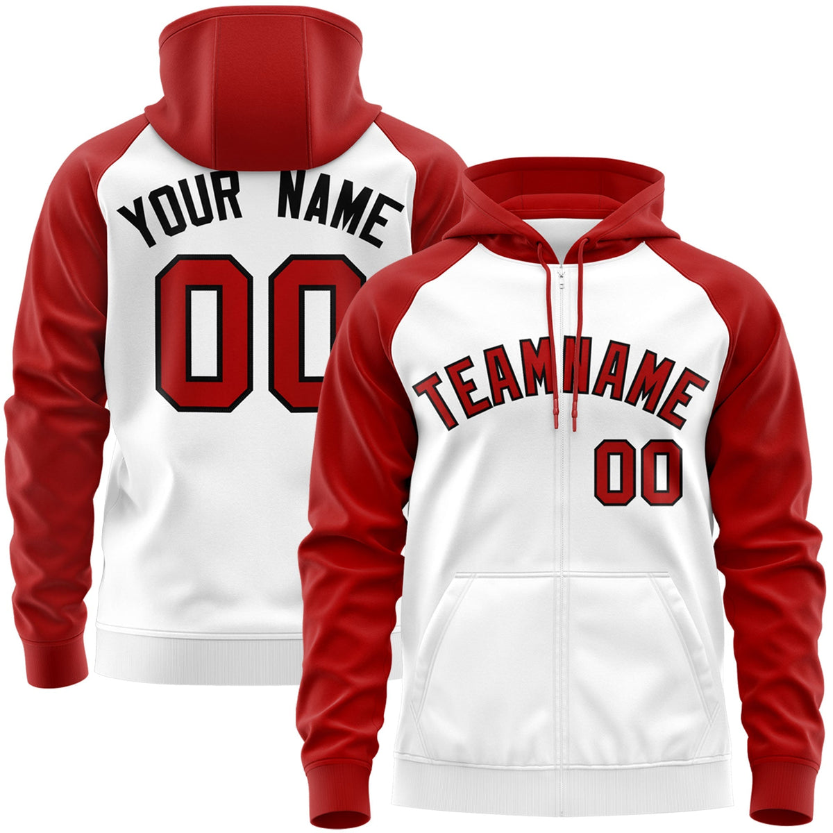 Custom Stitched White Red-Black Raglan Sleeves Sports Full-Zip Sweatshirt Hoodie| KXKSHOP