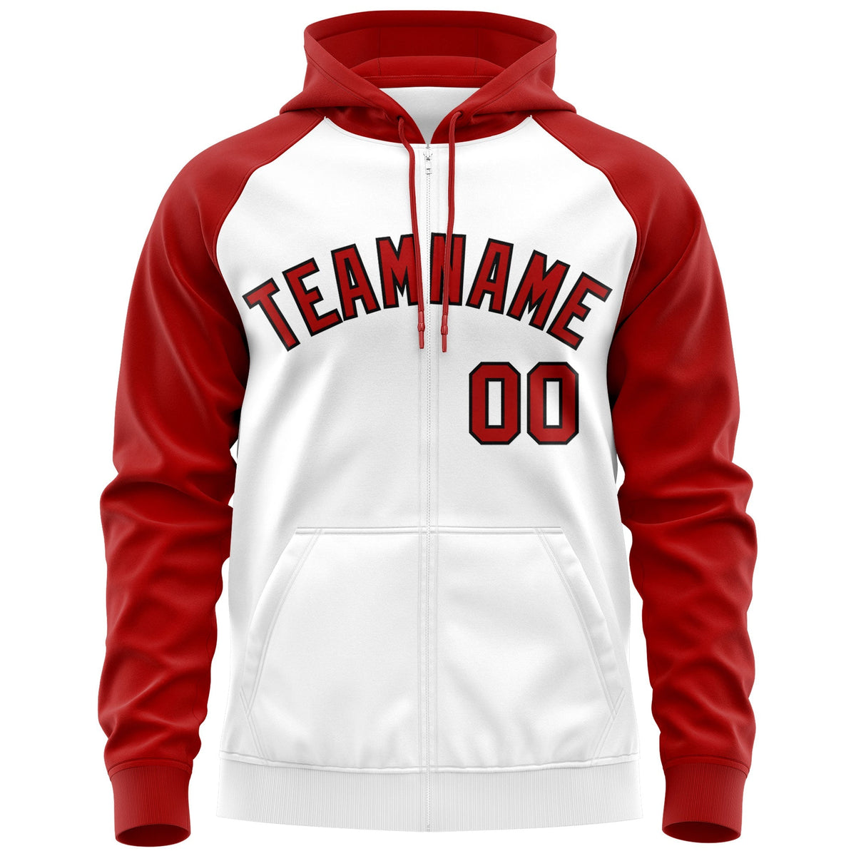Custom Stitched White Red-Black Raglan Sleeves Sports Full-Zip Sweatshirt Hoodie| KXKSHOP