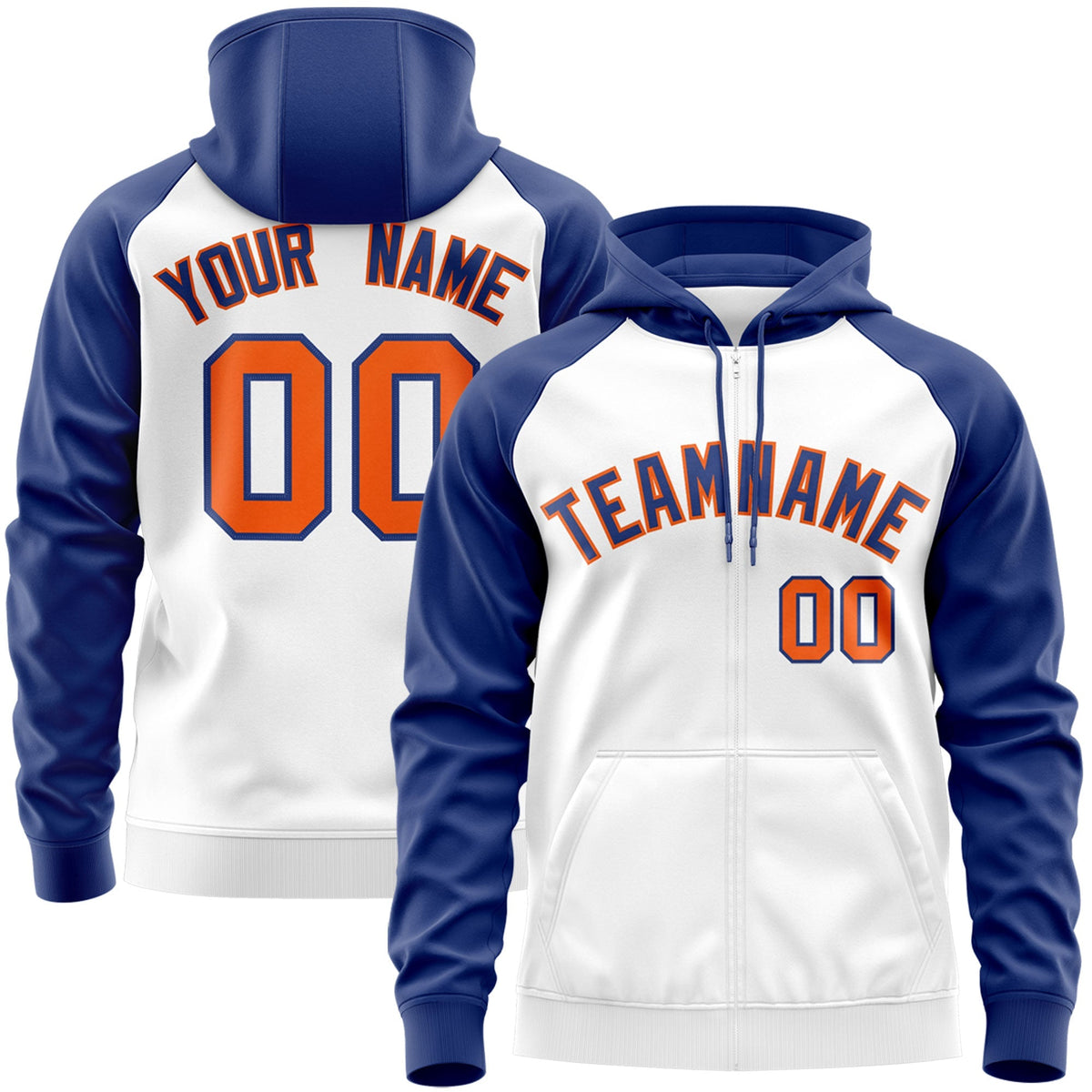 Custom Stitched White Royal-Orange Raglan Sleeves Sports Full-Zip Sweatshirt Hoodie| KXKSHOP