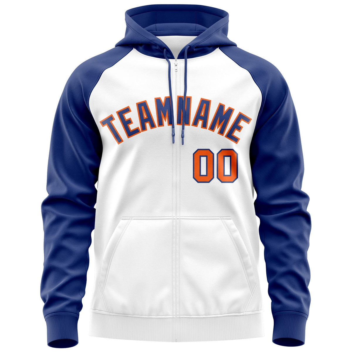 Custom Stitched White Royal-Orange Raglan Sleeves Sports Full-Zip Sweatshirt Hoodie| KXKSHOP
