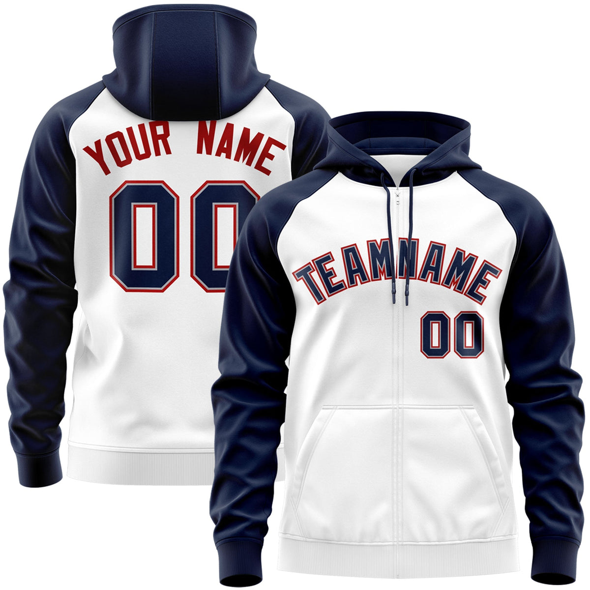 Custom Stitched White Navy-Red Raglan Sleeves Sports Full-Zip Sweatshirt Hoodie| KXKSHOP