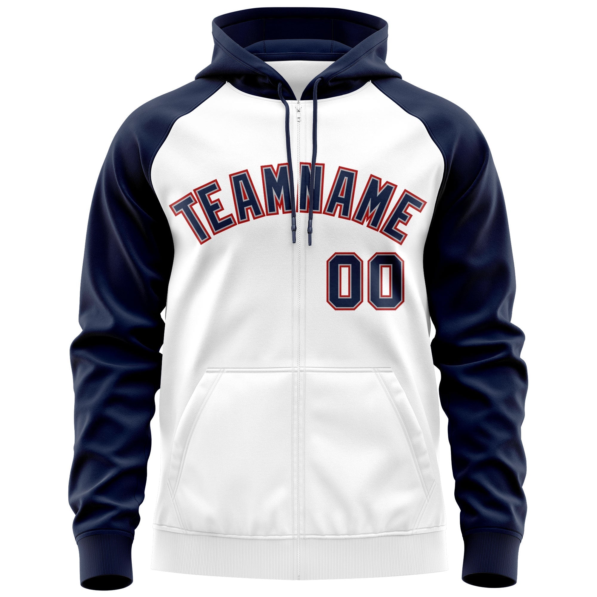 Custom Stitched White Navy-Red Raglan Sleeves Sports Full-Zip Sweatshirt Hoodie| KXKSHOP