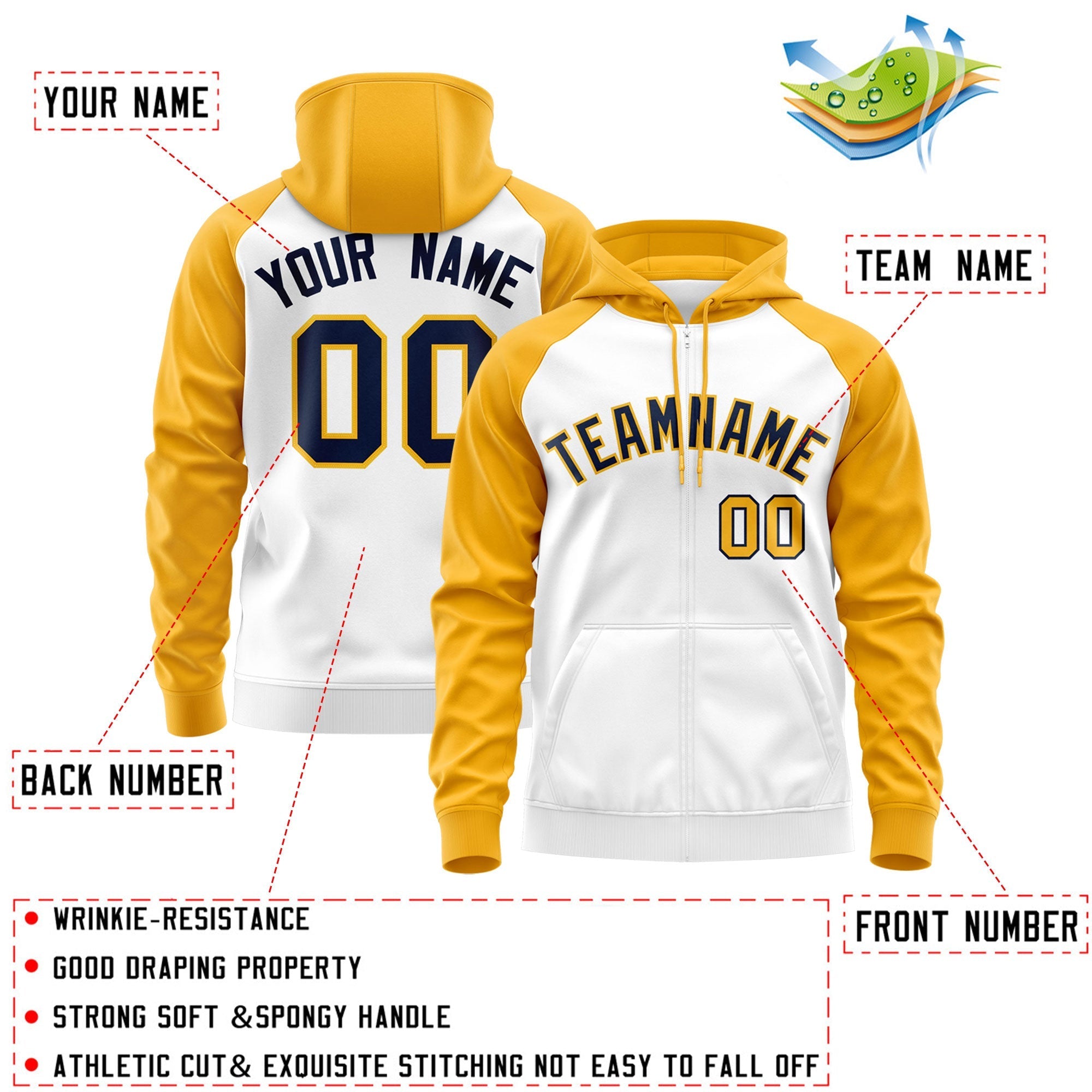 Custom Stitched White Navy-Gold Raglan Sleeves Sports Full-Zip Sweatshirt Hoodie| KXKSHOP