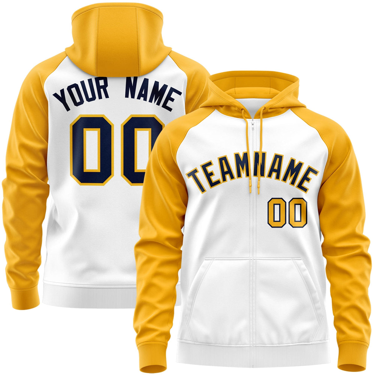 Custom Stitched White Navy-Gold Raglan Sleeves Sports Full-Zip Sweatshirt Hoodie| KXKSHOP