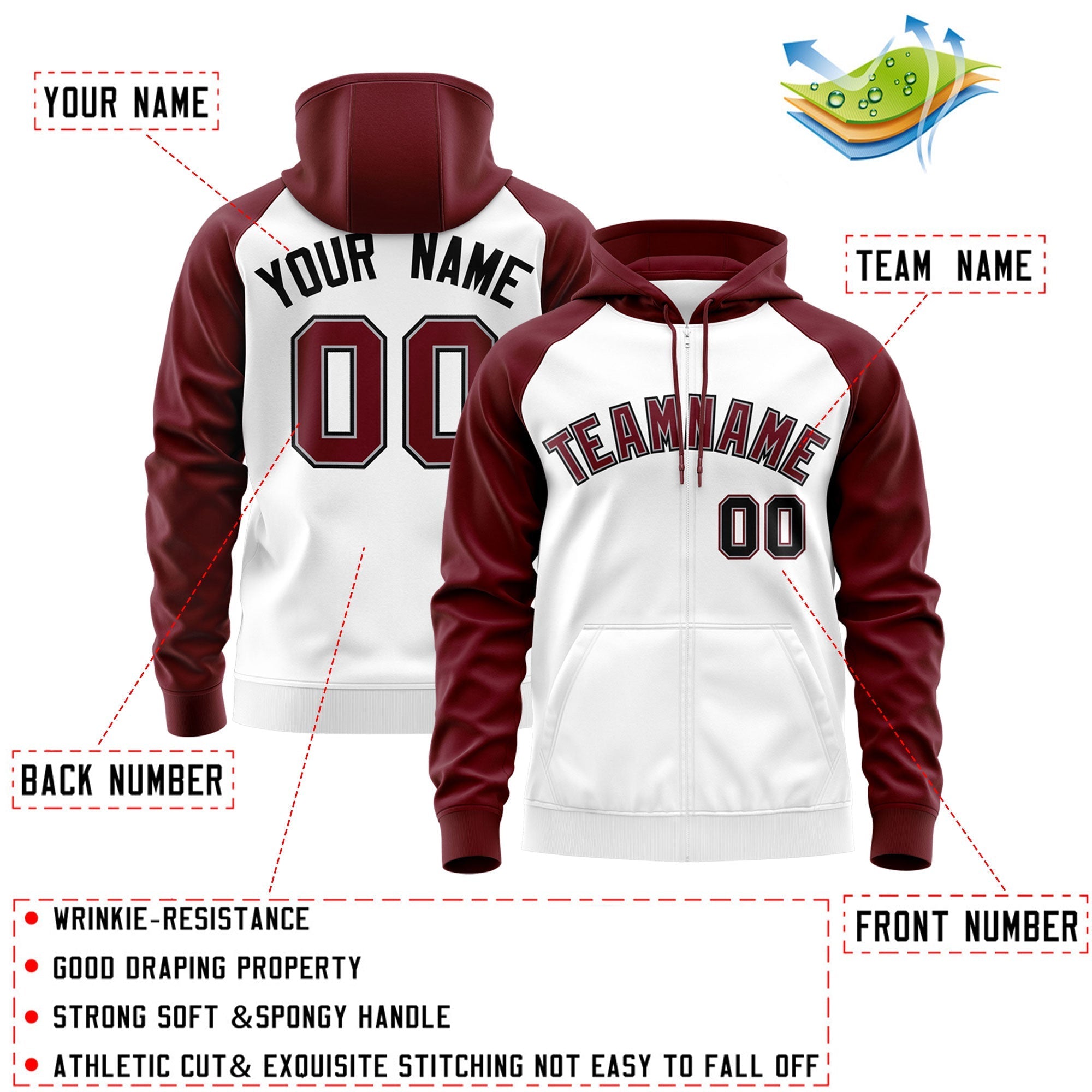 Custom Stitched White Crimson-Black Raglan Sleeves Sports Full-Zip Sweatshirt Hoodie| KXKSHOP