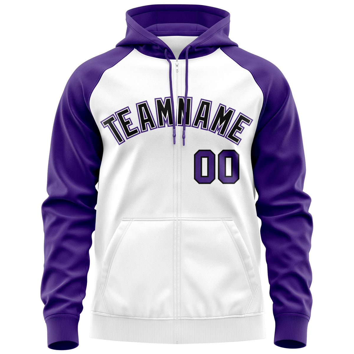 Custom Stitched White Black-Purple Raglan Sleeves Sports Full-Zip Sweatshirt Hoodie| KXKSHOP