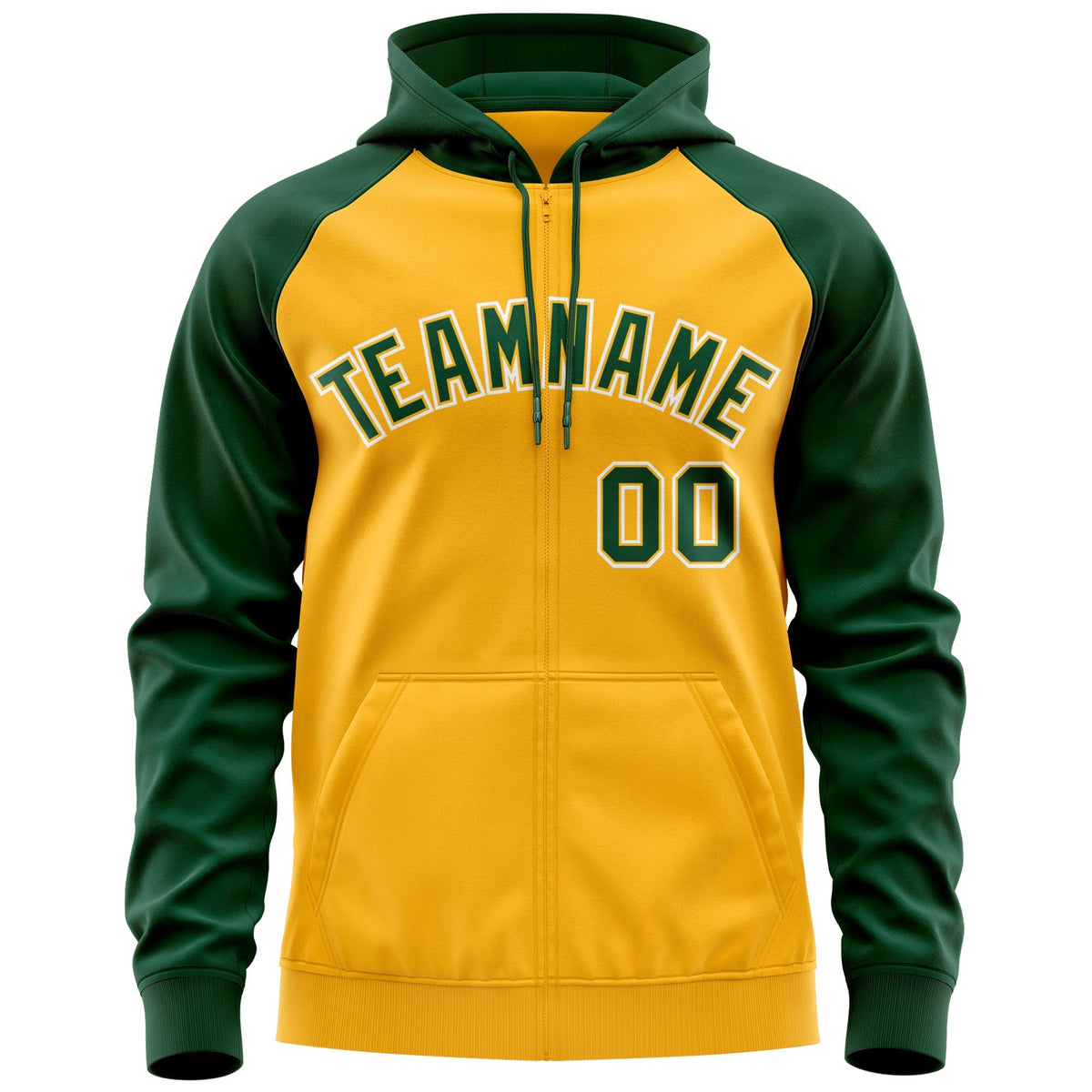 Custom Stitched Gold Green-White Raglan Sleeves Sports Full-Zip Sweatshirt Hoodie| KXKSHOP