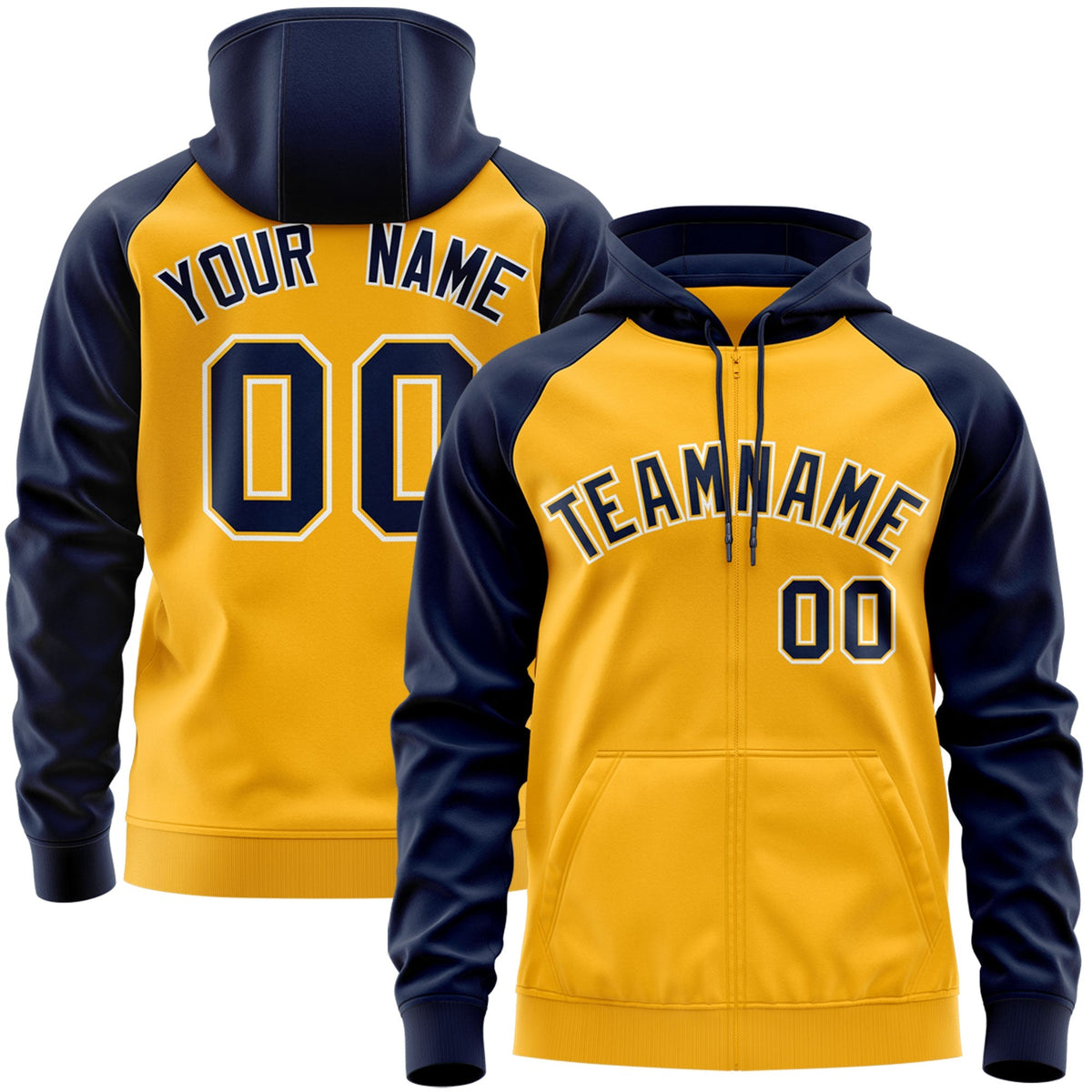 Custom Stitched Gold Navy-White Raglan Sleeves Sports Full-Zip Sweatshirt Hoodie| KXKSHOP