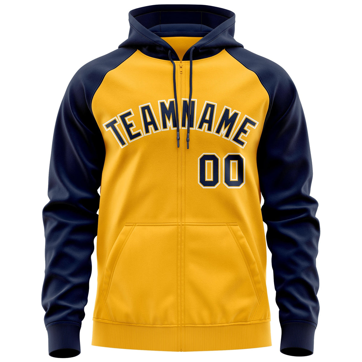 Custom Stitched Gold Navy-White Raglan Sleeves Sports Full-Zip Sweatshirt Hoodie| KXKSHOP