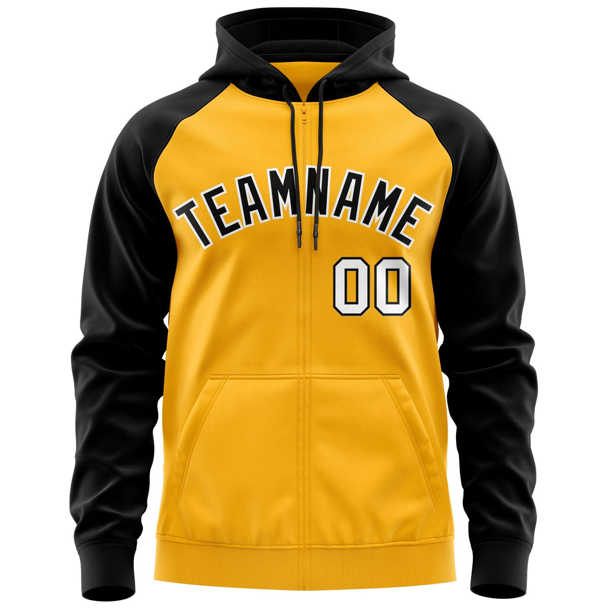 Custom Stitched Gold Black-White Raglan Sleeves Sports Full-Zip Sweatshirt Hoodie| KXKSHOP
