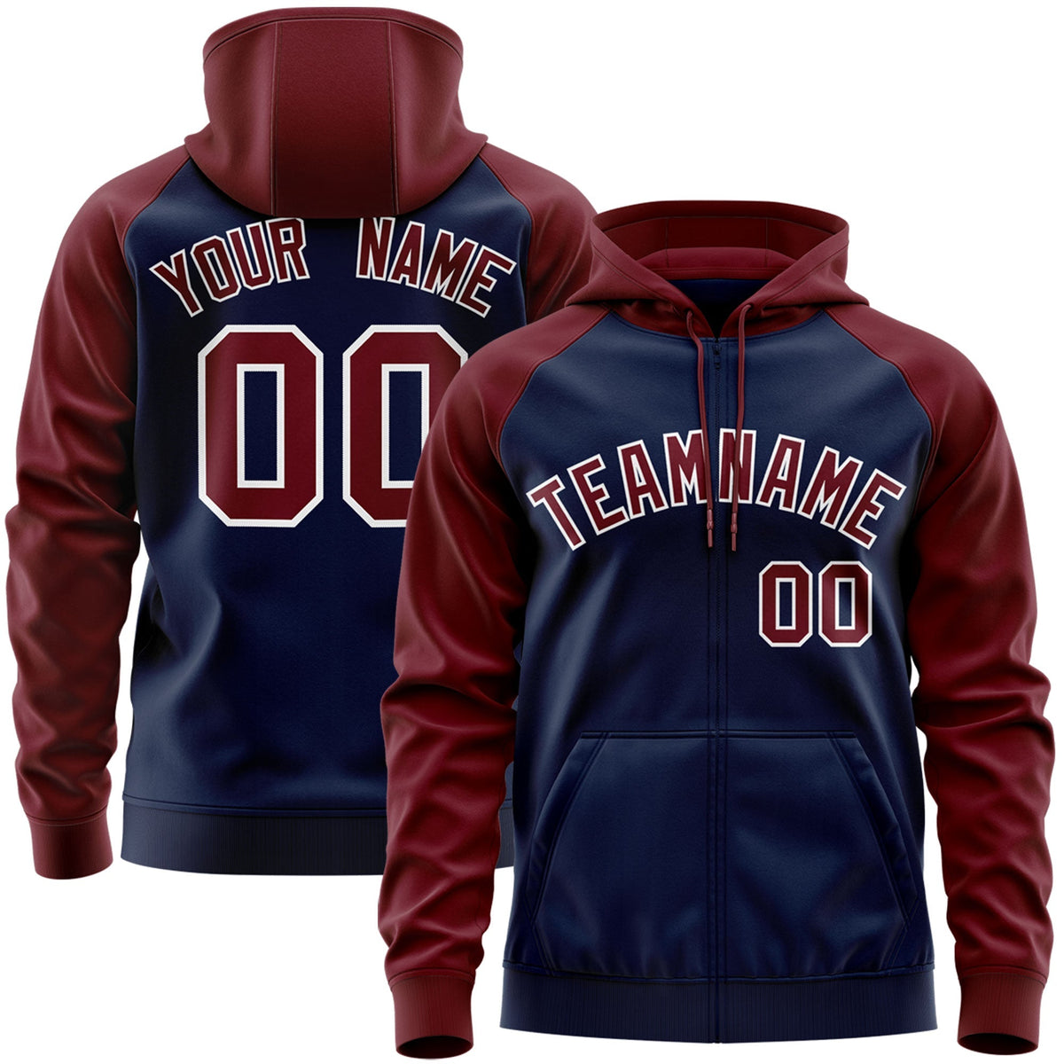 Custom Stitched Navy Crimson-White Raglan Sleeves Sports Full-Zip Sweatshirt Hoodie| KXKSHOP
