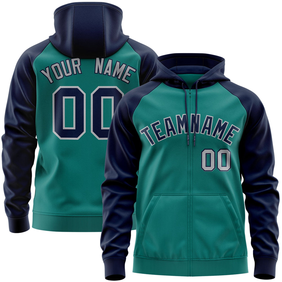 Custom Stitched Aqua Navy-Gray Raglan Sleeves Sports Full-Zip Sweatshirt Hoodie| KXKSHOP