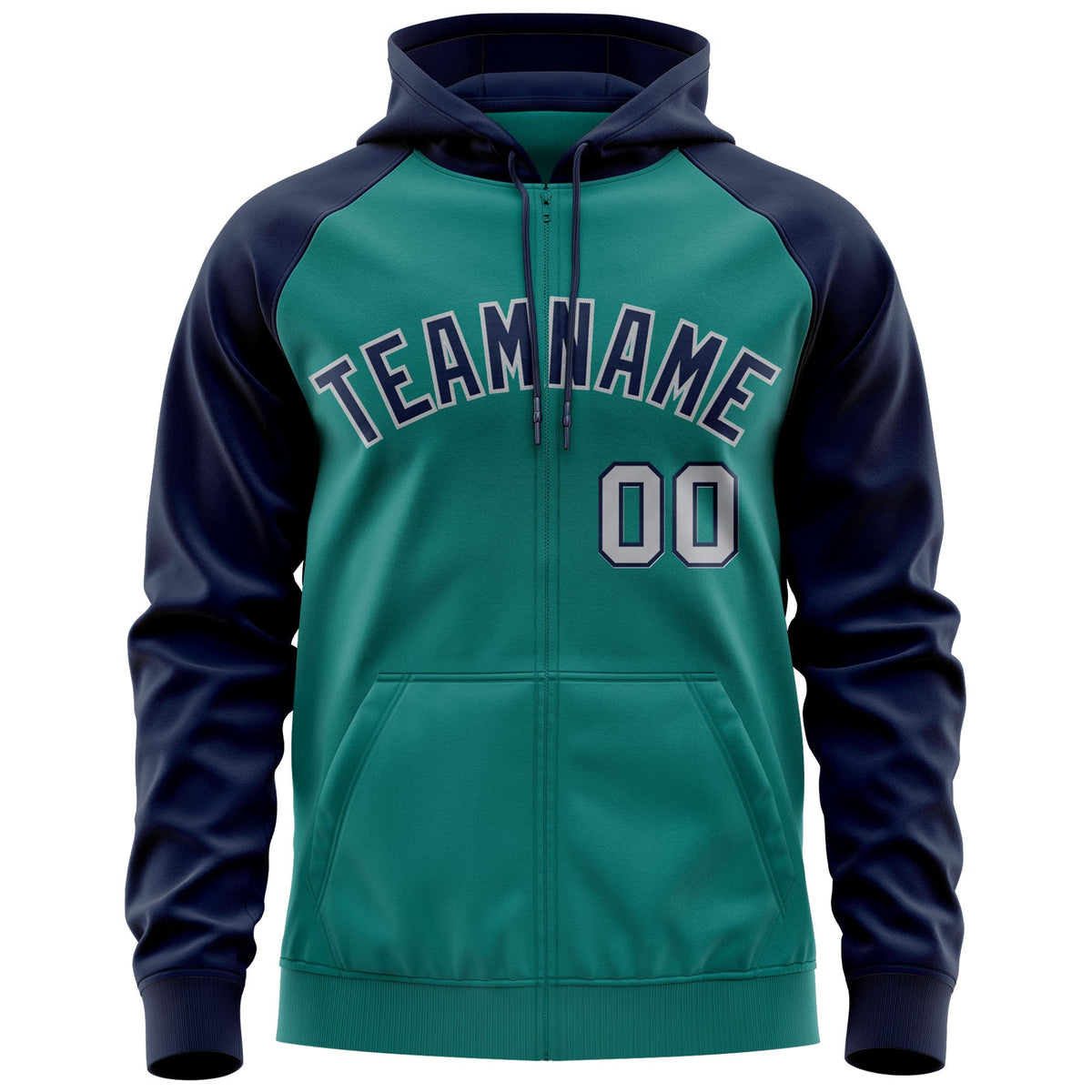 Custom Stitched Aqua Navy-Gray Raglan Sleeves Sports Full-Zip Sweatshirt Hoodie| KXKSHOP