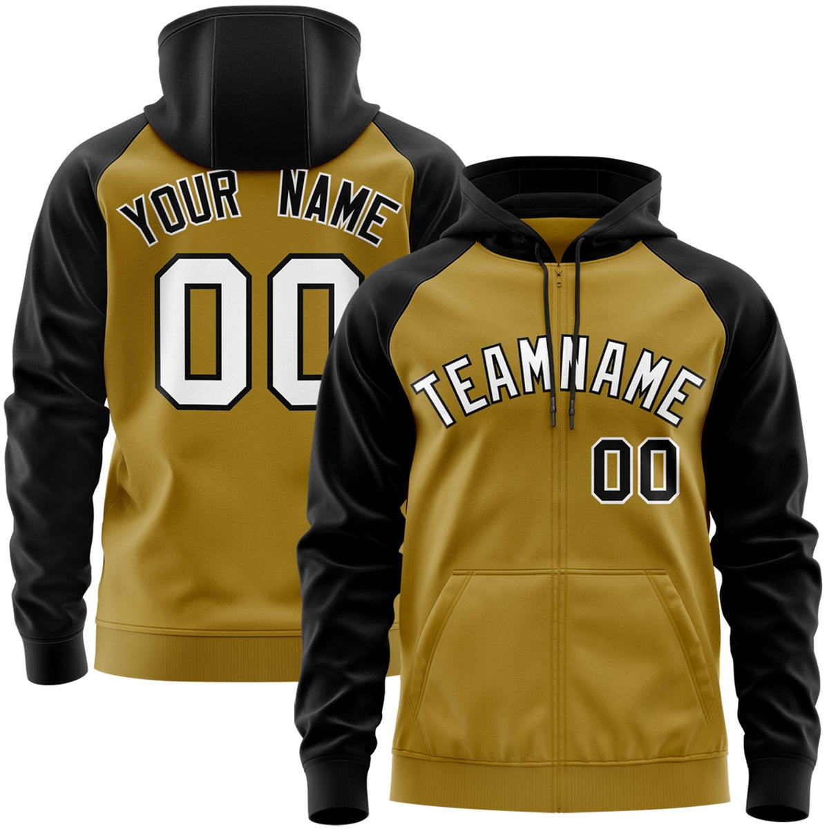 Custom Stitched Old Gold White-Black Raglan Sleeves Sports Full-Zip Sweatshirt Hoodie| KXKSHOP