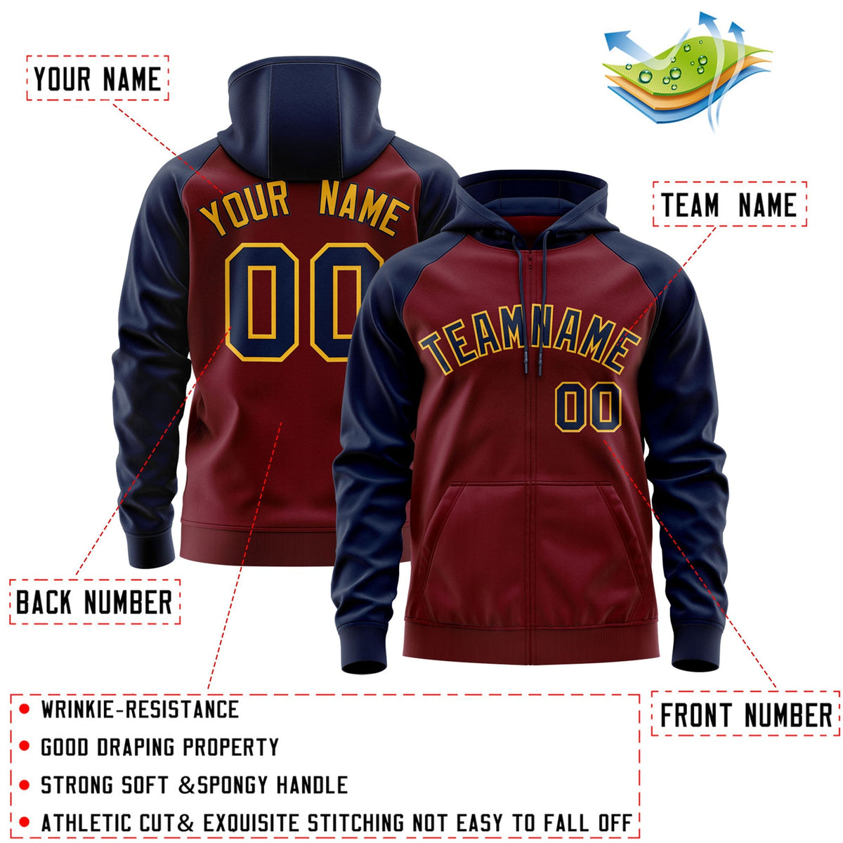 Custom Stitched Crimson Navy-Gold Raglan Sleeves Sports Full-Zip Sweatshirt Hoodie| KXKSHOP