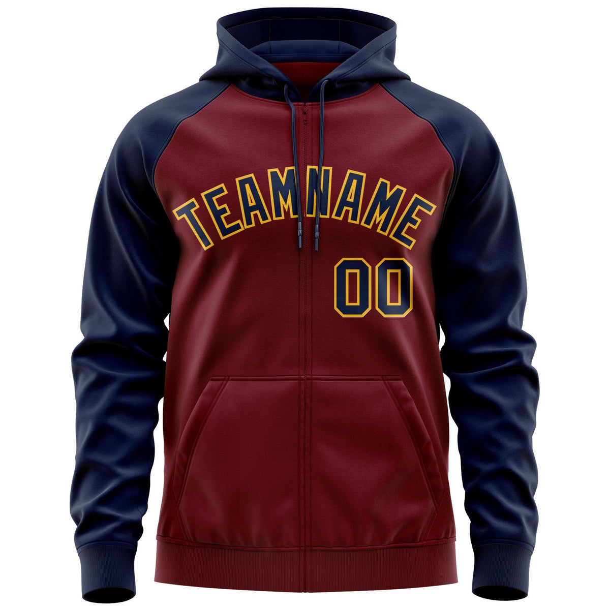 Custom Stitched Crimson Navy-Gold Raglan Sleeves Sports Full-Zip Sweatshirt Hoodie| KXKSHOP