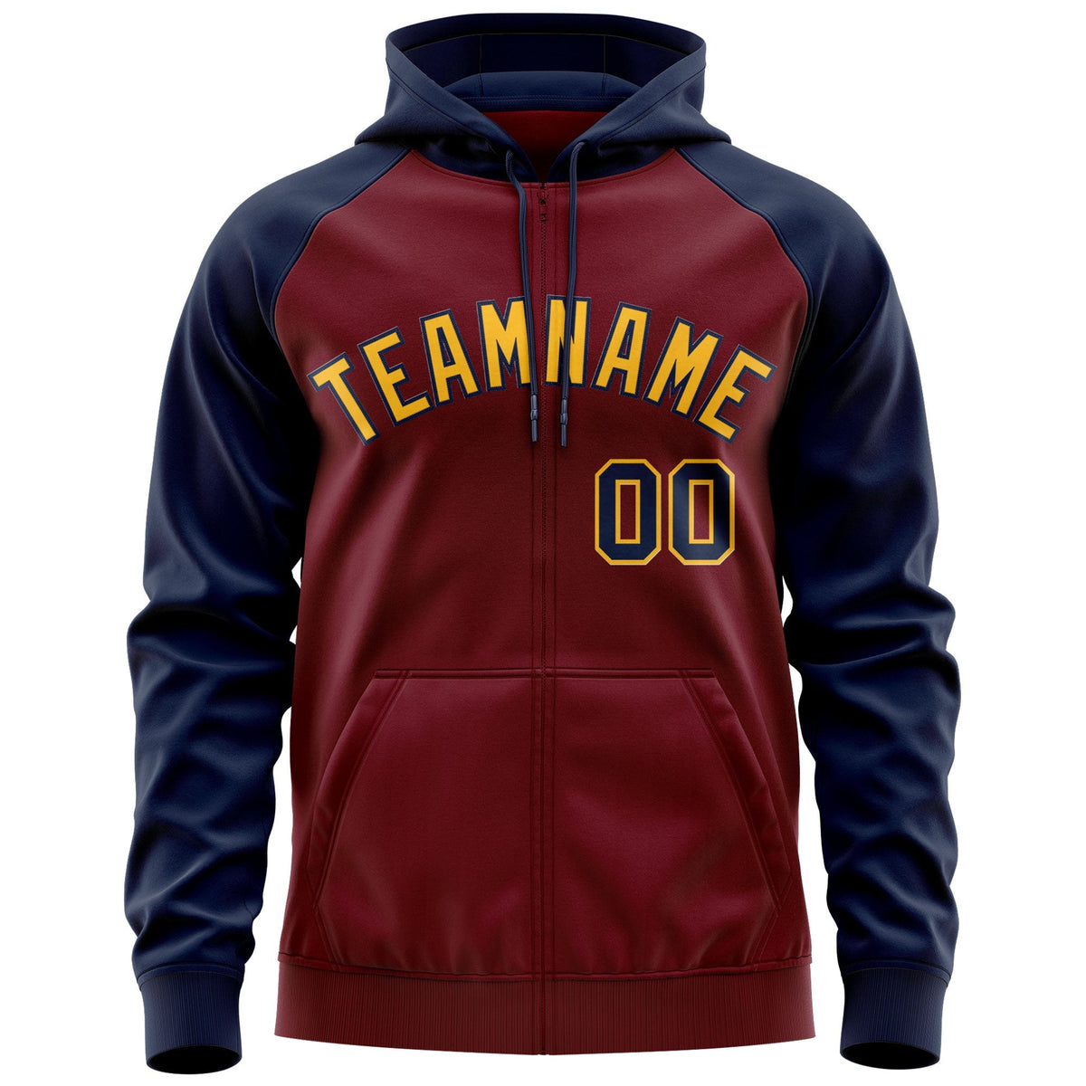 Custom Stitched Crimson Gold-Navy Raglan Sleeves Sports Full-Zip Sweatshirt Hoodie| KXKSHOP