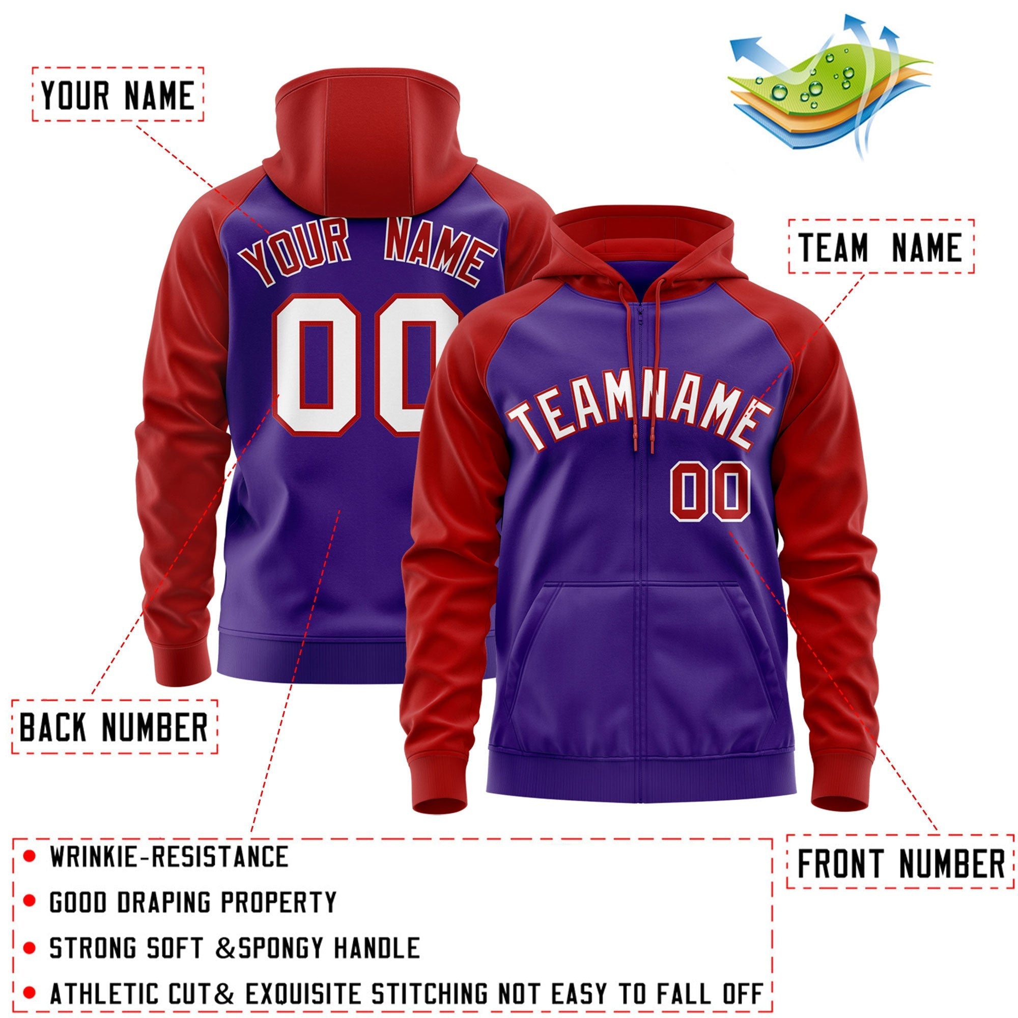 Custom Stitched Purple White-Red Raglan Sleeves Sports Full-Zip Sweatshirt Hoodie| KXKSHOP