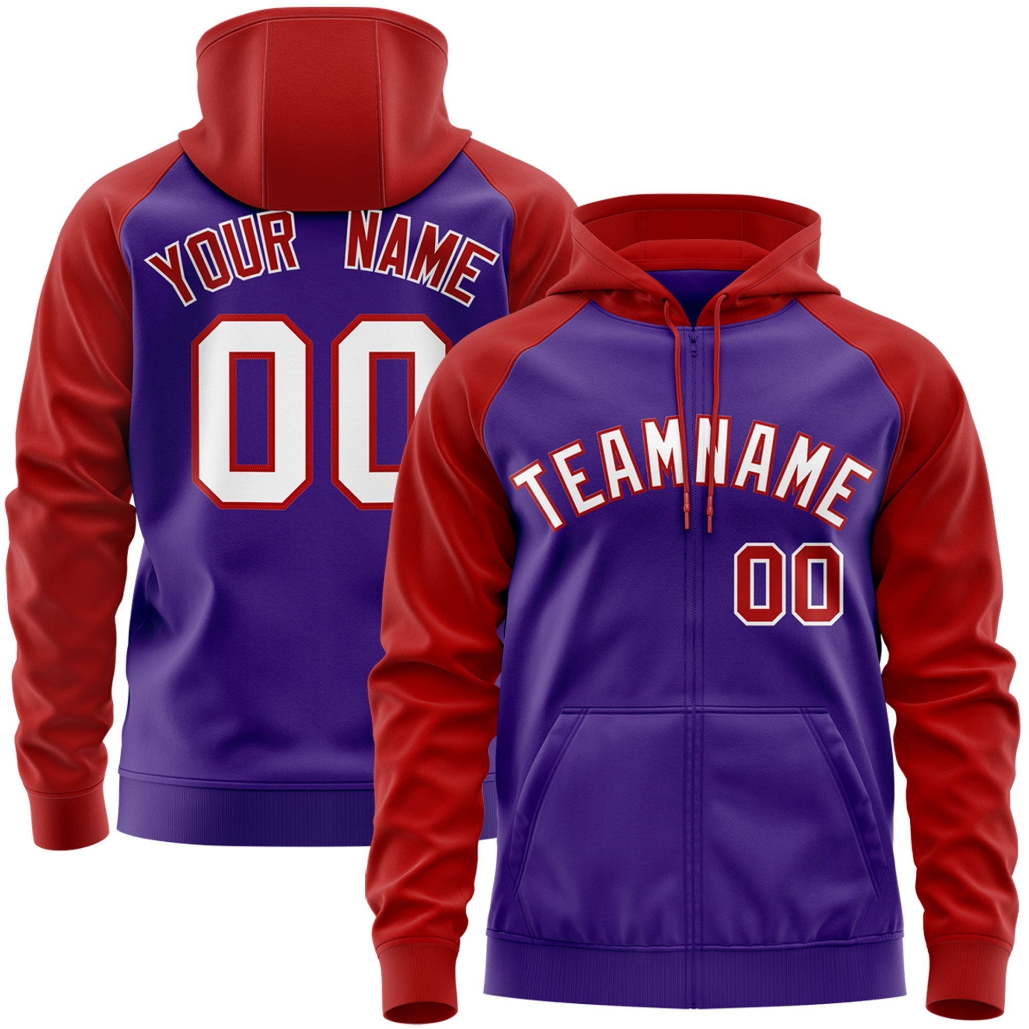 Custom Stitched Purple White-Red Raglan Sleeves Sports Full-Zip Sweatshirt Hoodie| KXKSHOP