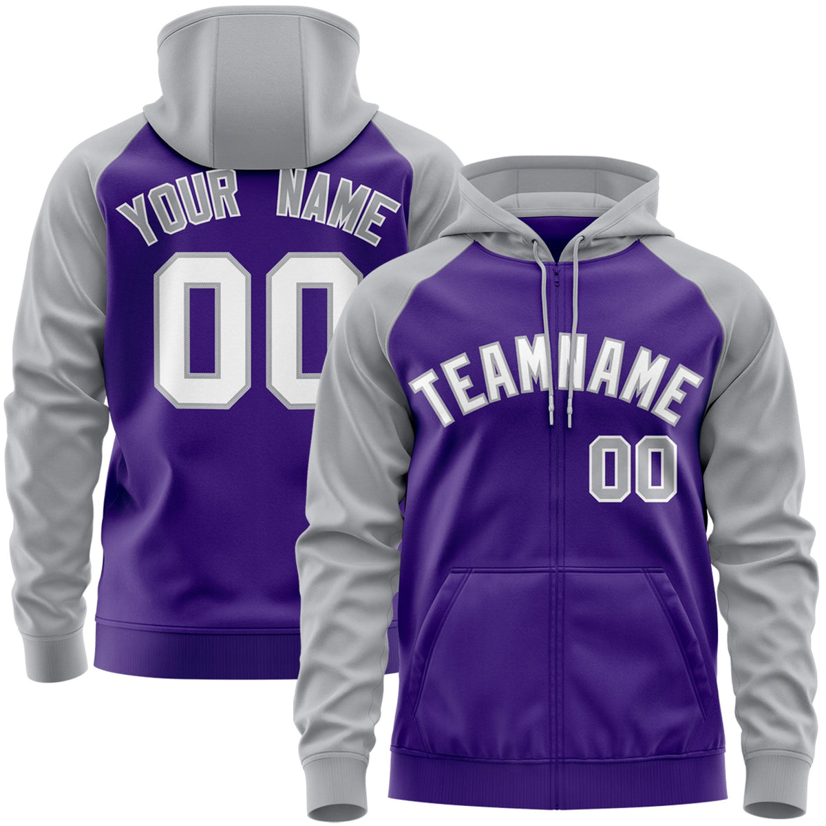 Custom Stitched Purple White-Gray Raglan Sleeves Sports Full-Zip Sweatshirt Hoodie| KXKSHOP
