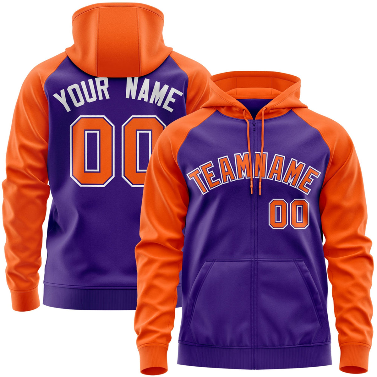 Custom Stitched Purple Orange Raglan Sleeves Sports Full-Zip Sweatshirt Hoodie| KXKSHOP