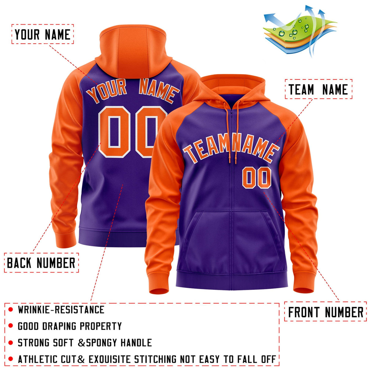 Custom Stitched Purple Orange Raglan Sleeves Sports Full-Zip Sweatshirt Hoodie| KXKSHOP