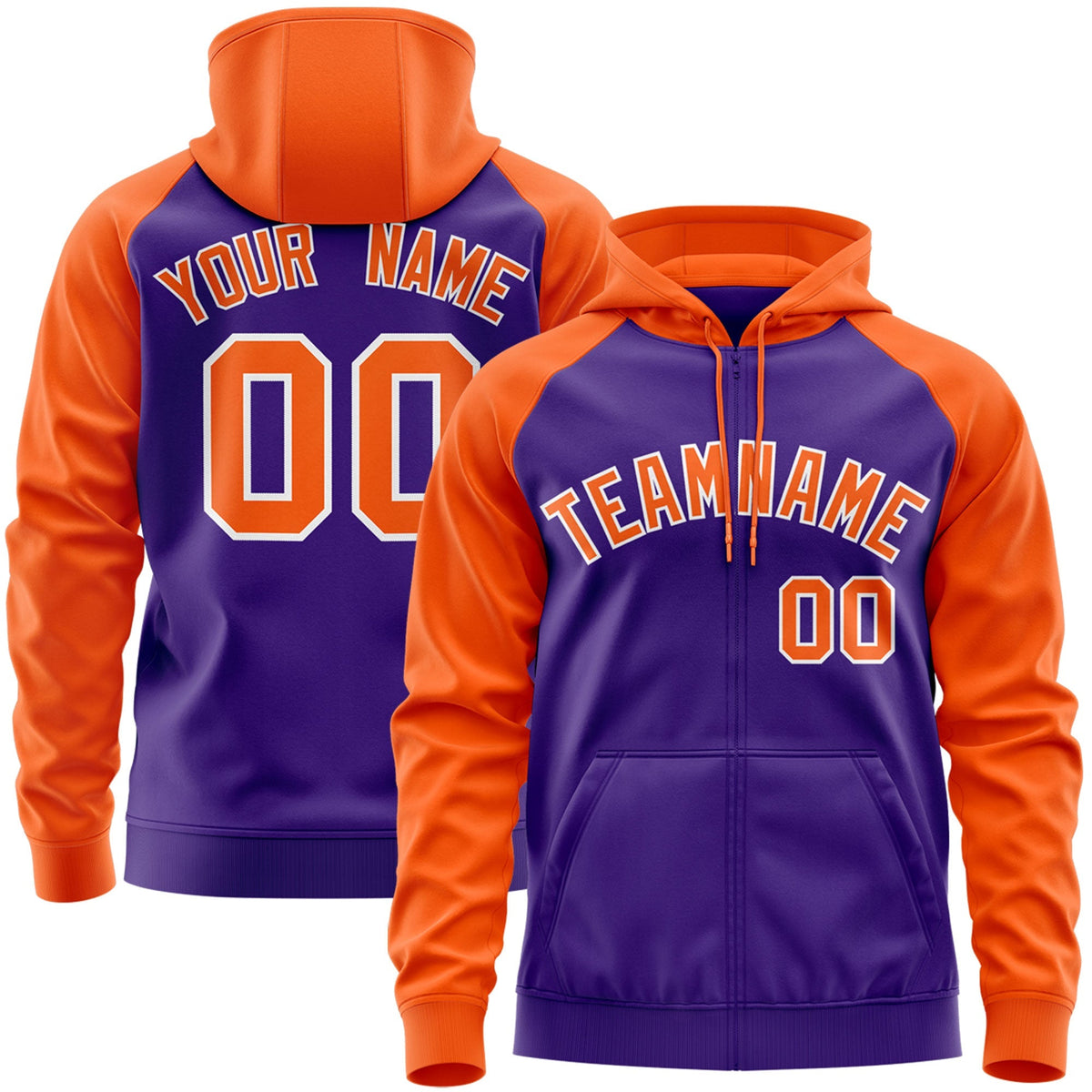 Custom Stitched Purple Orange Raglan Sleeves Sports Full-Zip Sweatshirt Hoodie| KXKSHOP