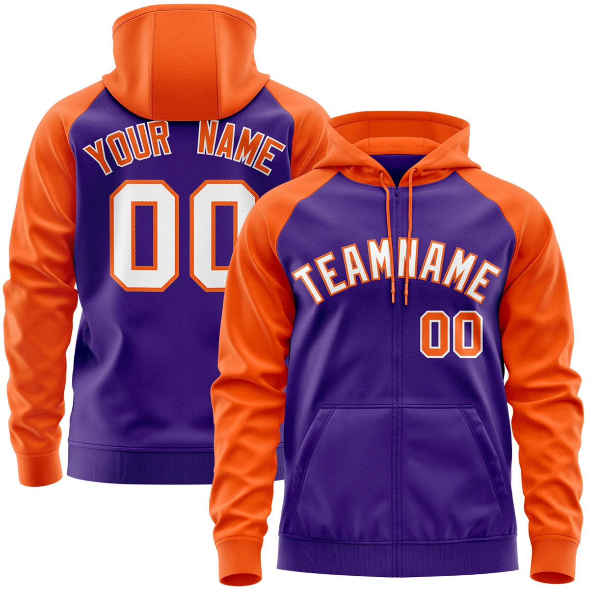 Custom Stitched Purple Orange Raglan Sleeves Sports Full-Zip Sweatshirt Hoodie| KXKSHOP