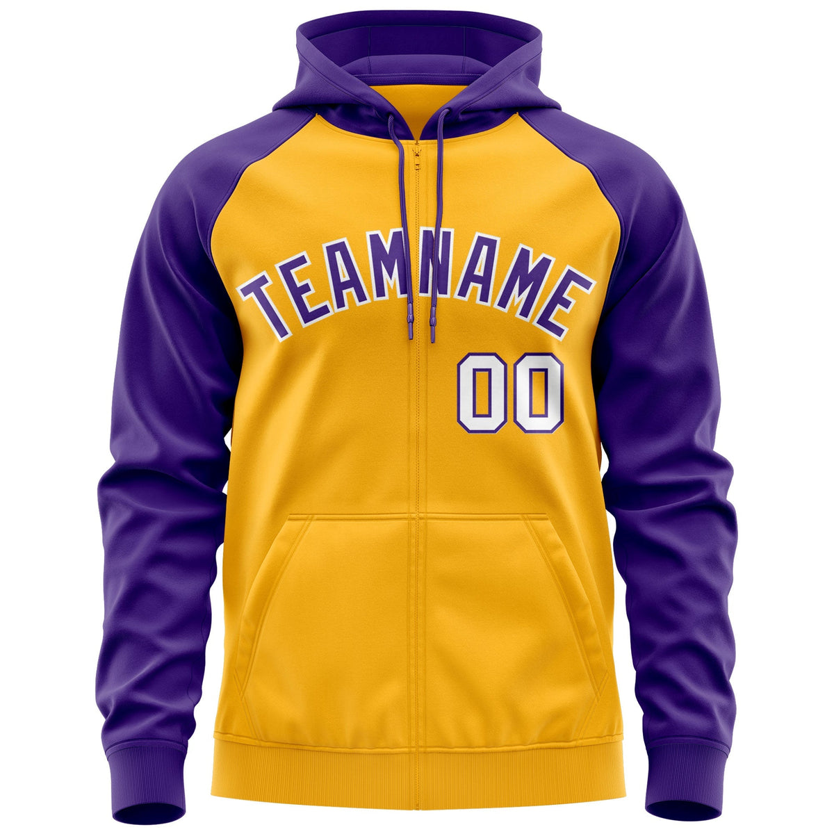 Custom Stitched Gold Purple-White Raglan Sleeves Sports Full-Zip Sweatshirt Hoodie| KXKSHOP